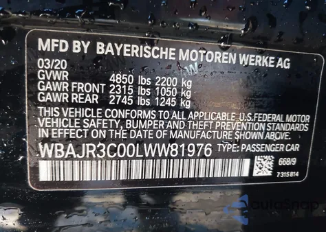 2020 BMW 530I z USA, uszkodzony, nr VIN WBAJR3C00LWW81976